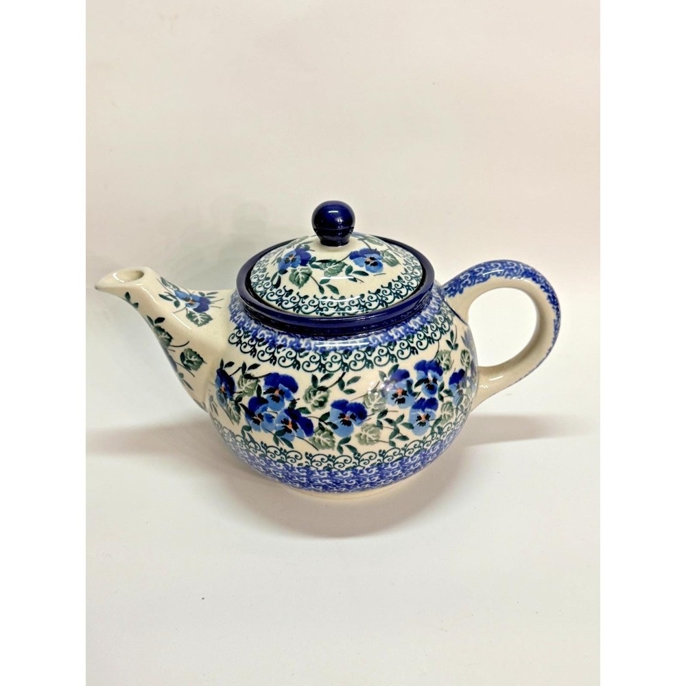 Polish Pottery Teapot Boleslawiec Blue Floral Pansies Ceramika Artystyczna